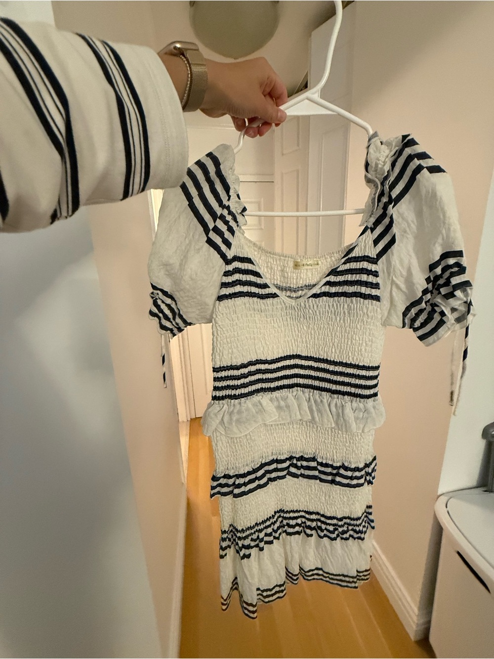 White and Navy Striped Smocked Puff-Sleeve Women’s dress